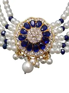 A V FASHION INDIA - Traditional Choker Crystal & Pearl Artificial Zarkan With Earring Necklace Set Fancy Designer Jaipuri 5 Layer Choker Set for Women and Girl Blue Colour
