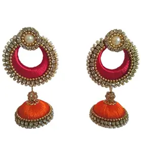 Manali Creations Women's Red and Orange Silk Thread Chandbali with Jumka Earrings with Diamond and Pearl Work
