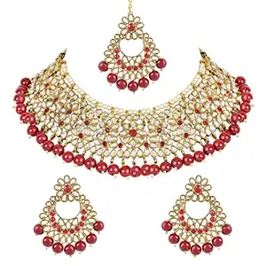 I Jewels Gold Plated Traditional Kundan Studded Pearl Drop Bridal Choker Necklace With Chandbali Earrings & Maang Tikka Jewellery Set For Women/Girls (K7217M)