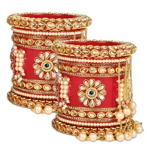 HINS Plastic Crimson Radiance Bridal Chuda with Pearl Handwork, Latkan Bangles, and Color Options (Red & Green) (Style2 Red Bangles, 2.4)
