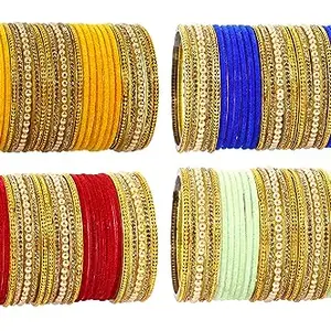 NMII Multicolour Glass with Zircon Stone, Pearls and Golden Ballchain Studded Fancy Velvet Bangles Set For Women's and Girls | Stylish Glass Bangles Set- Pack of 128 Bangles, (Multicolour_2.6 Inches)