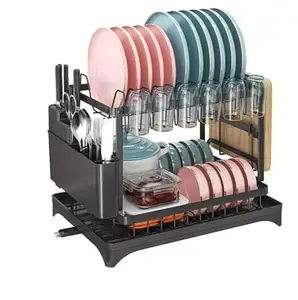Dratal Dish Drainer with Dish Tray, Dish Dryer, Two-Step Dish Organiser with Cup Holder, Utensil Holder and Chopping Board Holder, Over The Sink, Kitchen Tableware Stand (Black)