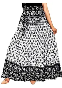 Roll On Women's Cotton Jaipuri Sanganeri Print Fashion Skirt, Wrap Around, Maxi Skirt, Mandala Hand Block Rajasthani Long Fashion Skirt Colored Wrap Around (Free Size) (Black&White-1)
