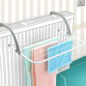 SEVIA Stainless Steel + Plastic Adjustable Indoor/Outdoor Easy Folding Clothes Drying Racks Stand, Clothes/Towel Shelf Stand Balcony Window Laundry Hanger Clothing | Wall Cloth Dryer Stand (White)