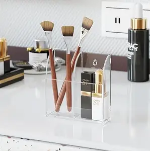 Clear Acrylic Pen Holder Makeup Brush Holder Desktop Pencil Organizer Acrylic Pencil Cup Stationery Office Organizer Accessory for Office School Makeup Desk Office Pen Organizer - 2 Compartments