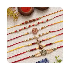 eCraftIndia Set of 7 Multicolor Rudraksha Pearls Om Shri Religious Designer Rakhis for Brother Bhaiya Bhai | Roli Chawal Pack | Raksha Bandhan Rakhi Combo Hamper