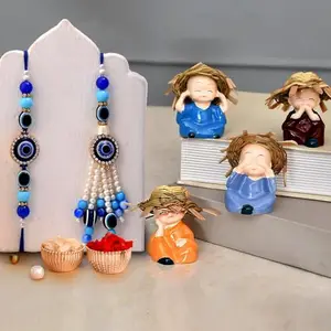 CraftVatika Rakhi for Brother and Bhabhi - Evil Eye Rakhi Combo Set of 2 for Bhaiya Bhabhi - Rakhi with Monk Buddha Showpiece Set of 4 for Rakshabandhan Gift