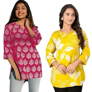 MS VHCK ENTERPRISE Women's Cotton Printed Short Kurti, Round Neck, Three Quarter Sleeve, Straight Fit, Pack of 2