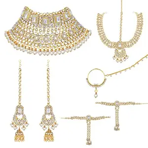 Amazon Brand - Anarva Women 18K Gold Plated Traditional Handcrafted Faux Kundan Studded Bridal Jewellery Set With Earrings & Matha Patti (Ij020W)