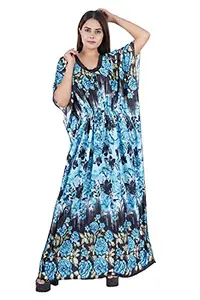 Women's Satin Kaftan Nighty| Short Sleeves | Night Wear | Maxi for Women | Size-X-Large, V Shaped Neck (Article-KRB-061B) Blue