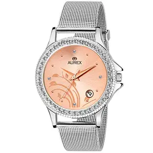 AUREX Analogue Rose Gold Dial Date Watch Water Resistant Silver Color Strap Watch for Women/Ladies/Girls (AX-LR544-RGC)