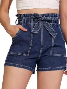 Dolce Crudo Women's High-Rise Paperbag Shorts(DOSS25DEN09-35-115-32, Blue, 32)