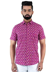 Tistabene Dark Pink Ikat Printed Half Sleeves Cotton Shirt for Men (MSH-2061-4XL)