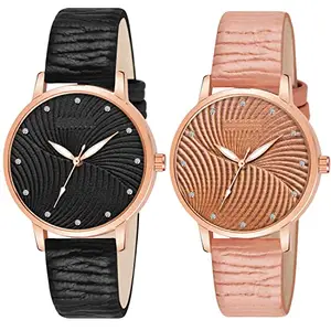 CLOUDWOOD Combo Pack of Analog Wrist Watch for Women's and Girls (Multicolor Dial Black & Tan Colored Strap)