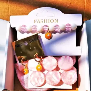 Aspire T Evil Eye Hamper With Pink Hair Scrunchies, 2 hair Pins, 1 Evil Eye Hand Braclates & Evil eye Earrings (Set of 4 Accessories)