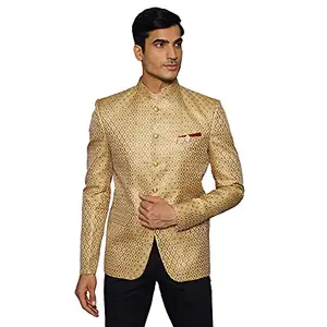 WINTAGE Men's Banarasi Rayon Cotton Festive and Casual Bandhgala Jodhpuri Blazer : Gold,X-Large