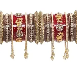 Generic BITA DESIGNER Bridal Jewellery Bangles Set Gold Plated Rajasthani Chura Punjabi Chuda Set for Wedding with Rajasthani Kundan Meenakari Stones & Pearl for Women & Girls (Golden-Red 2.8)