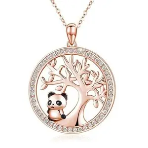 Bling Queen Women's Cubic Zirconia Tree Of Life Panda Pendant Necklace, Panda Necklace, Tree Panda, Panda Pendant, Simple Pendant Necklace, Panda Pendant Necklace, Panda Dollar Pendant Necklace(Rose Gold)