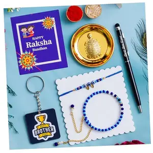 Pride Store Raksha Bandhan Gift Set with Evil Eye Rakhis, Brother Keychain, Pen & Golden Goodluck Tortoise, Greeting Card. (Rakhi Desgin C)