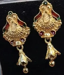 Traditional Indian Gold-Plated Chandelier Earrings with Green and Red Stones, Antique Design