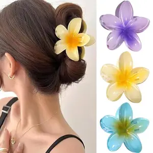 3 Pcs Large Flower Hair Clips For Thick Hair Pink Yellow Blue Floral Hair Claw Clips Hawaiian Plumeria Hair Clip Summer Flowers Hair Claw Acrylic Hawaii Hair Styling Accessories For Women Girls