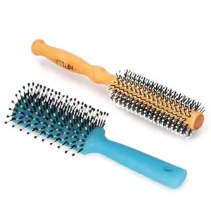 Nfilla Wooden Round Hair Brush | Men And Women | For Adding Curls, Volume, Waves, Quick Blowout, Straightening,& Scalp Massage | Hair Roller Brush For Hair Styling & Vented Hair Brush and Hair Comb