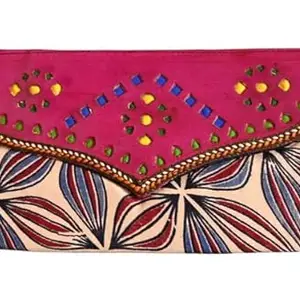 Off White Pink Gujrati Mashru Silk Wallet Leather Flap