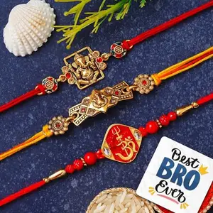 eCraftIndia Set of 3 Lord Ganesha, Om Trishul Damru Religious Rakhis for Brothers with Best Bro Ever Fridge Magnet and Roli Chawal Pack