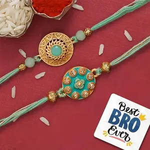 eCraftIndia Set of 2 Light Blue & Golden Designer Rakhis, Best Bro Ever Fridge Magnet with Roli Chawal Pack - Rakhi for Brother, Bhaiya, Bhai