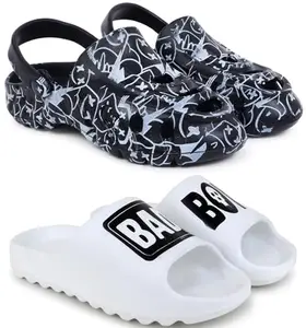 Pampy Angel Combo Pack of 2 Slipper/Flip Flops/Slides/Clogs/Sandals with Adjustable Back Strap for Men,(Cl-A-Smarti-Black,Y-B-Boy-White),8 (UK/India)