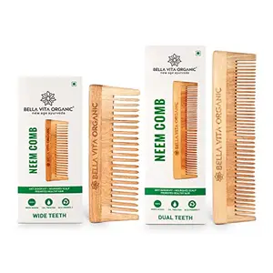 Bella Vita Organic Pure Neem Wooden Comb Combo with Dual and Wide Teeth, Hair Growth, Anti Bacterial, Dandruff Control & Hair Styling Comb, Daily Use, Natural & Eco Friendly, Best for Men & Women Medium