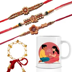 Ethnic Darzi Raksha Bandhan Gift Combo – Designer Rakhi Set of 3 with Kada for Bhabhi & Printed Coffee Mug for Brother – Traditional Rakhi Gift Hamper- RKMUG-223