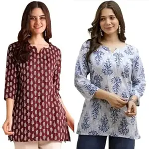 MS VHCK ENTERPRISE Women's Cotton Printed Short Kurti, Round Neck, Three Quarter Sleeve, Straight Fit, Pack of 2