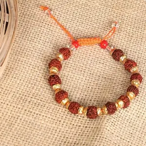 Hanu Collections's Metal and Rudraksha Beads Bracelet, Golden and Brown, Traditional Spiritual Bracelet