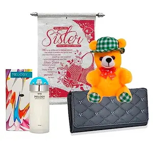 Saugat Traders Birthday Gift for Sister - Scroll Card, Branded Perfume, Soft Toy & Women's Wallet - New Year Gift for Sister- Christmas Gift for Sister