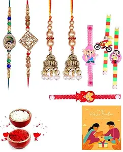 Clocrafts Two Bhaiya Bhabhi Rakhi and Four Kids Rakhi Gift Set With Greeting Card and Roli Chawal - 2BB4KS119