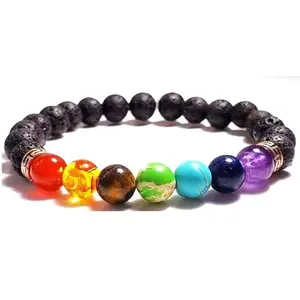 RRJEWELZ Natural 7 Chakra Stone & Volcanic Lava Round Shape Smooth Cut 8mm Beads 7.5 inch Stretchable Bracelet for Healing, Meditation, Prosperity, Good Luck | STBR_00111