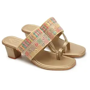 DIPYO Women's Golden Embroidered Ethnic Block Heel Slip-On Sandals Comfortable & Stylish For Wedding & Party