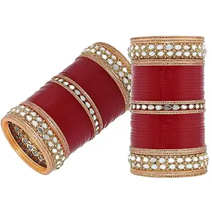 Lucky Jewellery Bridal Bangle Set Wedding Punjabi Chuda Pearl with Mirror Work Designer Chura CZ Stone Maroon Color Choora For Women (2411-M1C1-LJ135-M-24)
