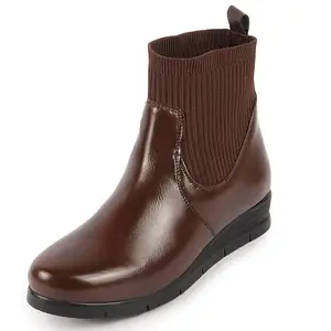 FAUSTO FST KI-796 BROWN-41 Women's Brown Mid Top Socks Collar Slip On Broad Feet Wedge Heel Work Boots (8 UK)