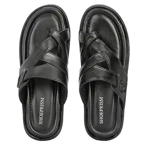 SHOEPRISM Men's Perfect Look Leather Slip On Flipflop Slippers|Black|Size-UK9
