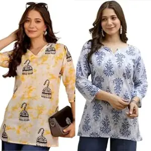 MS VHCK ENTERPRISE Women's Cotton Printed Short Kurti, Round Neck, Three Quarter Sleeve, Straight Fit, Pack of 2