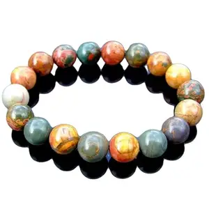 RRJEWELZ Natural Picasso Jasper 10mm round Shape Smooth Cut Beads 6.5 Inch Stretchable Bracelet for Men & Women.|STBR_RR_07568_6.5