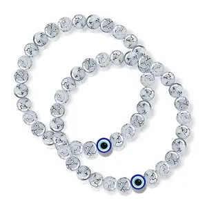 Bigwheels (Pack Of 2 Pcs Elastic Stretchable 8mm Natural Feng-Shui Healing Howlite Gem Marble White Printed Pearl Beads/Stone Evil Eye Nazariya Wrist Band Cuff Bracelet For Men's & Women's