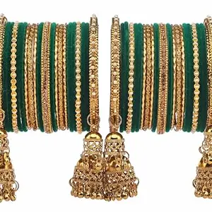 Rijoli Handcrafted Alloy Zircon Studded Kada with Velvet Latkan Bangles Set | Fancy Bangle Set for Women and Girls (Green, 2.4)