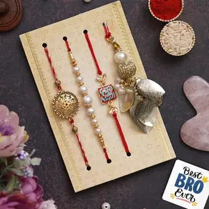 eCraftIndia Set of 4 Floral, Pearls, Diamonds, Lumba Designer Rakhis, Best Bro Ever Fridge Magnet, and Roli Chawal Pack - Rakhi for Brother - Lumba Rakhi for Sister In Law