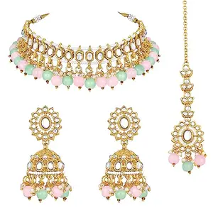 Peora Gold Plated Pink Mint Kundan Studded Choker Necklace Jhumki Earrings & Maangtikka Set Ethnic Stylish Fashion Jewellery Gift for Women Girls