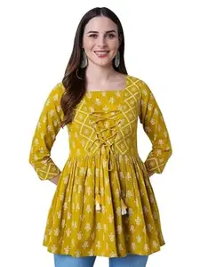 MUSKAN Fashion Women's Beautiful Rayon 3/4 Sleeves Floral Printed Crop Top for All Occasion (Mustard -L)