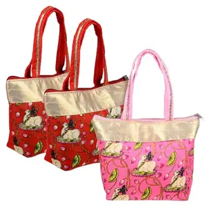 Heart Home Hand Purse|Traditional Mini Hand Bag|Silk Wallet Hand Bag|Shagun Hand Purse|Woman Tote Hand Bag|Gifts Hand Bag|Cow-Small Hand Purse|Pack of 3|Multi