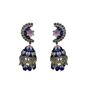 JINAKY JEWELLERY Gold polished Blue Meenakari flower chand bally Big JumakisJumkaForWomen